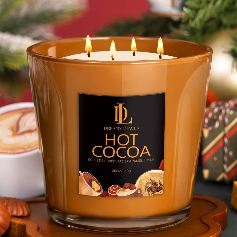 lot 26955 image: Large Candle Hot Cocoa Scented, 4 Wick Natural Soy Candles for Home Scented, 30oz Big Holiday Candle Long Lasting, Home Kitchen Scent Candles Housewarming Gifts for Women Men CANDLE HAS BEEN PARTIALLY BURNT - Retail $17