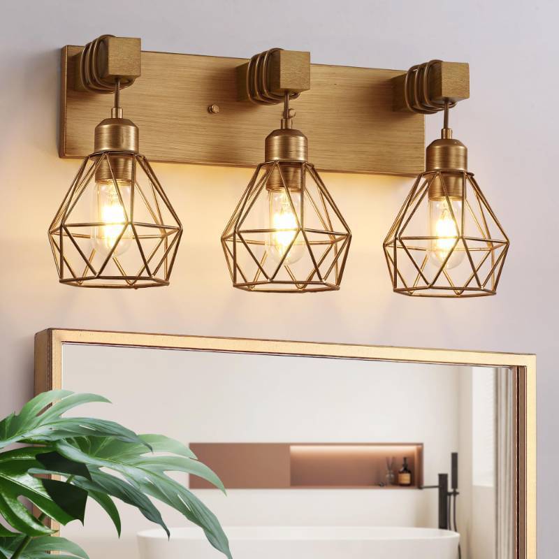 lot 49652 image: Gold Bathroom Vanity Light Fixtures, 3-Light Gold Bathroom Light Fixtures Over Mirror, Sconces Wall Lighting with Elegant Metal Lampshade for Living Room, Bedroom, Hallway - Retail $60