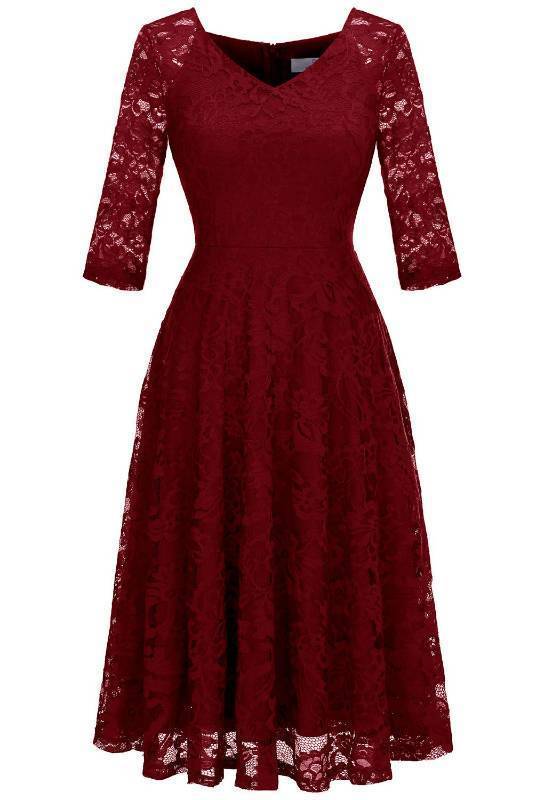 lot 50612 image: Dressystar Womens Long-Sleeve Wedding Guest Dress A-Line Lace Formal Party Cocktail Midi Dress Prom Gown Dark Red Size S - Retail $49