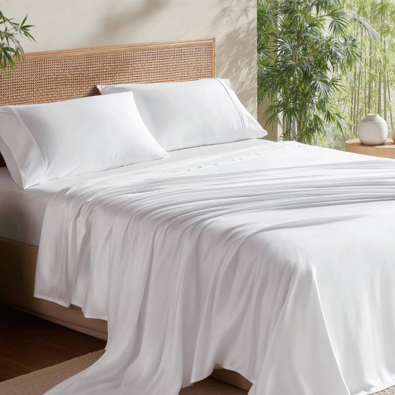 lot 44977 image: Bedsure Queen Sheet Cooling Sheet for Queen Size Bed Set, Rayon Derived from Bamboo, PureWoven, Breathable & Soft, Deep Pocket Up to 16 Inches, Hotel Luxury Silky Bedding for Hot Sleepers, White 1 sheet only - Retail $60