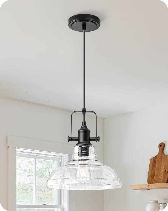 lot 50091 image: EDISHINE Farmhouse Pendant Lights Kitchen Island, Clear Seeded Glass Shade Hanging Light with Matte Black Finish, Modern Pendant Light Fixtures with Open Shade, Over Island Bar,E26 Base - Retail $48
