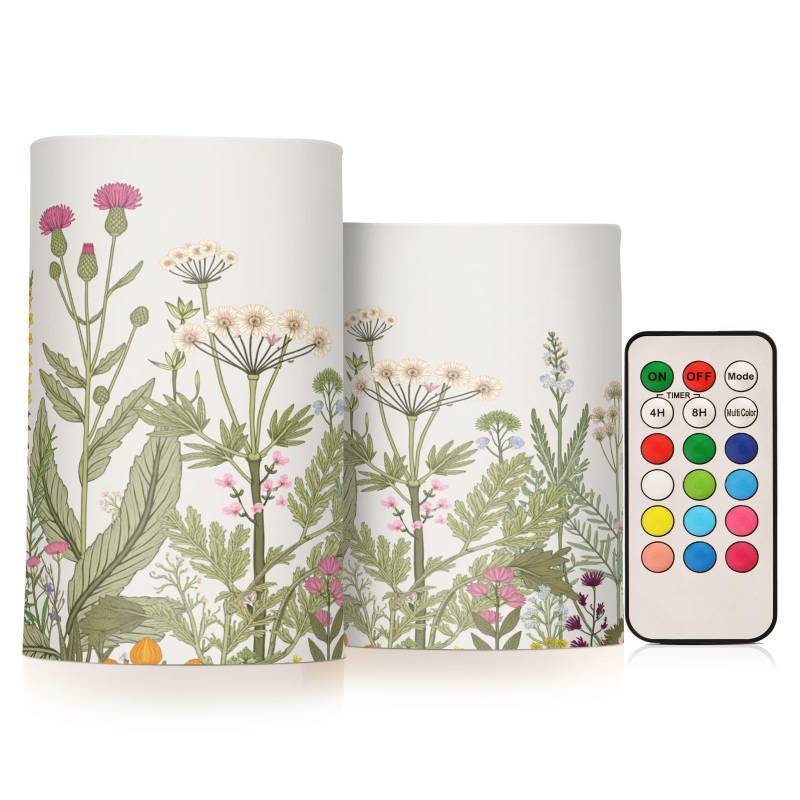 lot 51012 image: BOENLE Flickering Flameless Candles, Flowers Herbs Wildflowers Botanical LED Candles with Remote Timer, Set of 2 Battery Operated Candle for Valentine Wedding Birthday - Retail $26