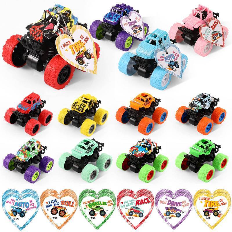 lot 51017 image: 9 Set Valentines Day Die Cast Racing Cars Gift Cards for Students, Friction Powered Trucks Toys, Pull Back Cars Vehicles Truck Playset for Valentines School Classroom Exchange Gifts Party Favor - Retail $31