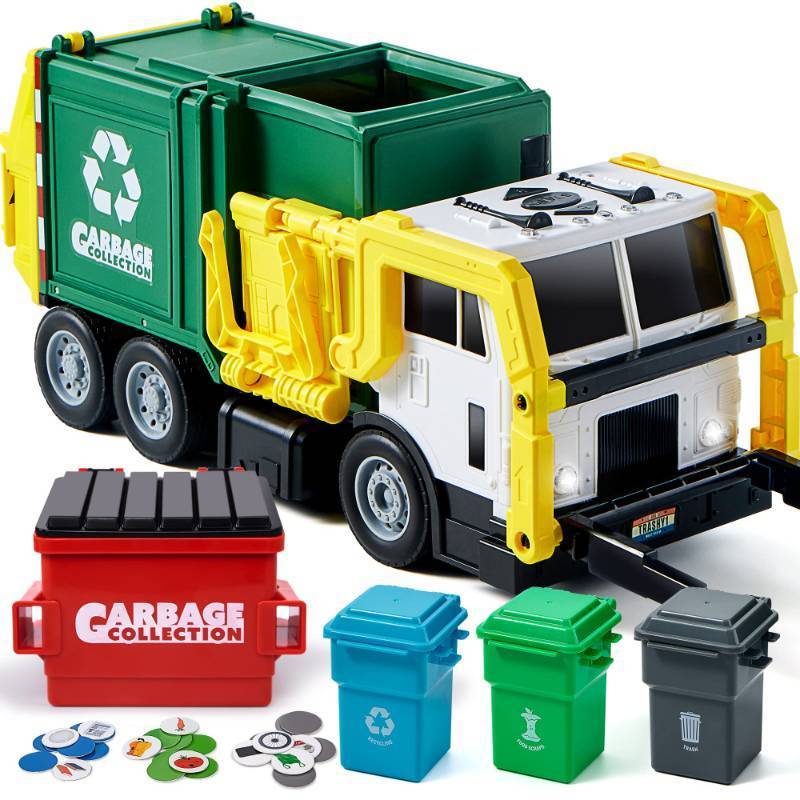 lot 51024 image: JOYIN Large Friction Powered Garbage Truck Toy Set, Includes 1 Dumpster, 3 Trash Bins, and 30 Learning Cards for Kids, Boy Toys Birthday Gift, Green - Retail $37