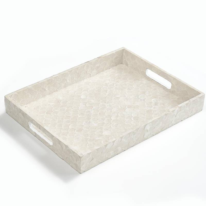 lot 51052 image: CHI AN HOME Capiz Decorative Tray 15.8 x 11.8 x 1.8 Rectangular Tray, Natural Handmade Serving Tray with Handles for Coffee Tables, Ottoman, Vanity, Kitchen, Coastal Boho Home Decor, White - Retail $33