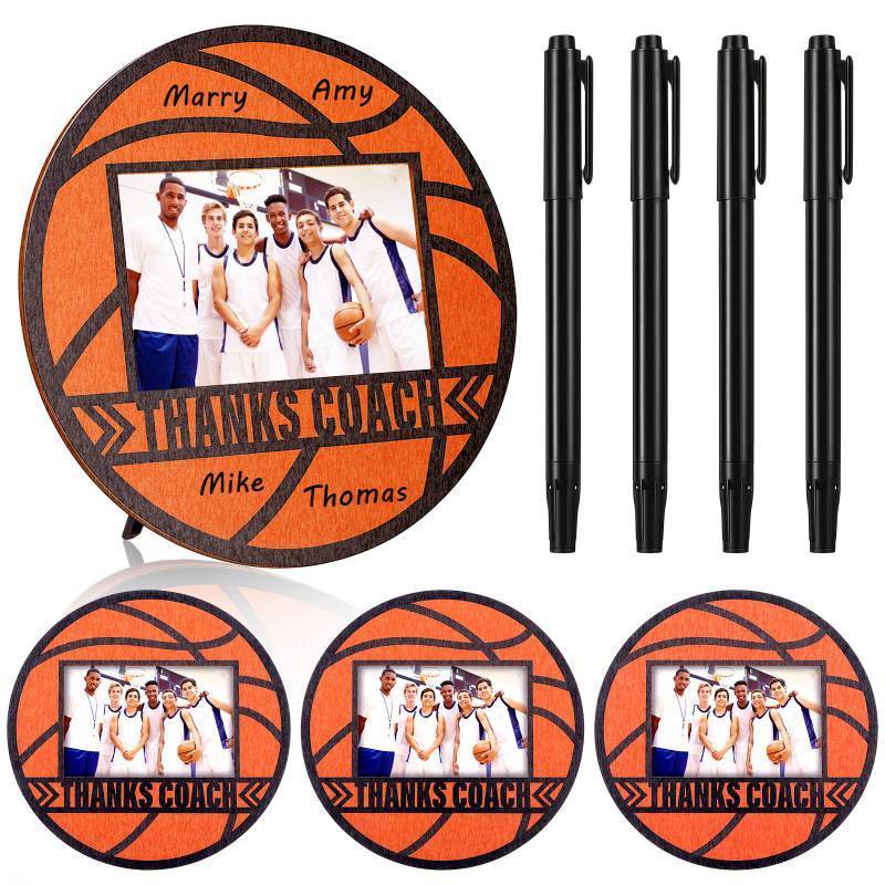 lot 51054 image: Cinnvoice 4 Set Thanks Coach Basketball Picture Frames with Signature Pens Fits 4 x 6 Inches Photos Thanks Coach Gift from Team Wooden Picture Frame for Appreciation Home Plate Plaque - Retail $26