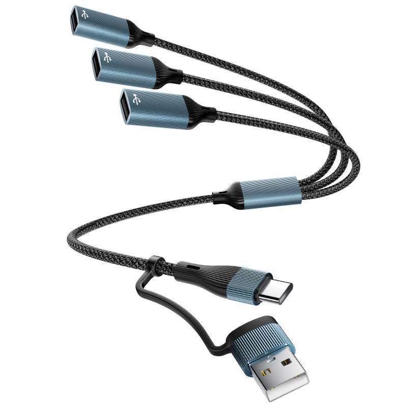 lot 58198 image: BaseNew USB A Type C to Multi USB Cable Adapter(1 FT),USBC TypeA Male Expands 3 Female USB 2.0 Splitter Adapter,MultiPort USB Hub for Laptop,PC,MacBook,iPhone 16 15,iPad(Aluminum,Grey) - Retail $9