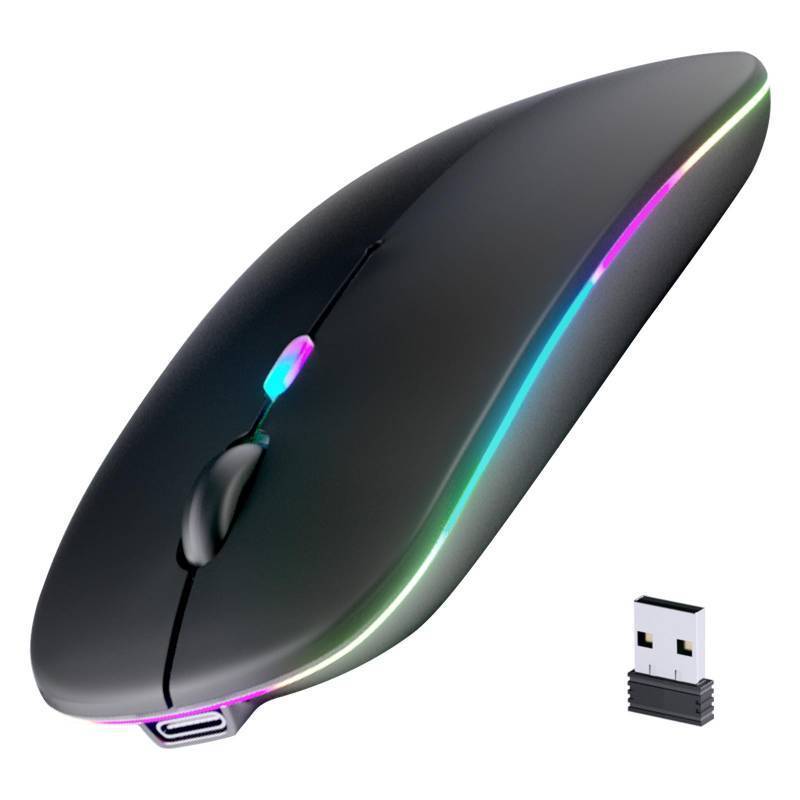 lot 58201 image: Wireless Bluetooth Mouse, Rechargeable, LED, Silent, Ultra-thin Design (Bluetooth 5.2 and 2.4GHz USB Receiver)  Portable Computer Mouse for Laptops, iPads, MacBooks and Apple Devices (Black) - Retail $6