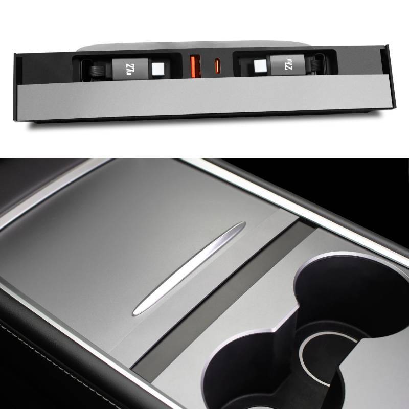 lot 58226 image: Leikaendi Car USB Hub Charger for Tesla Center Console with Fast Charging Retractable Cables Phone Charger Docking Station Accessories(2 Type-C(Model Y 2021-2024 & Model 3 2021-2023)) - Retail $30