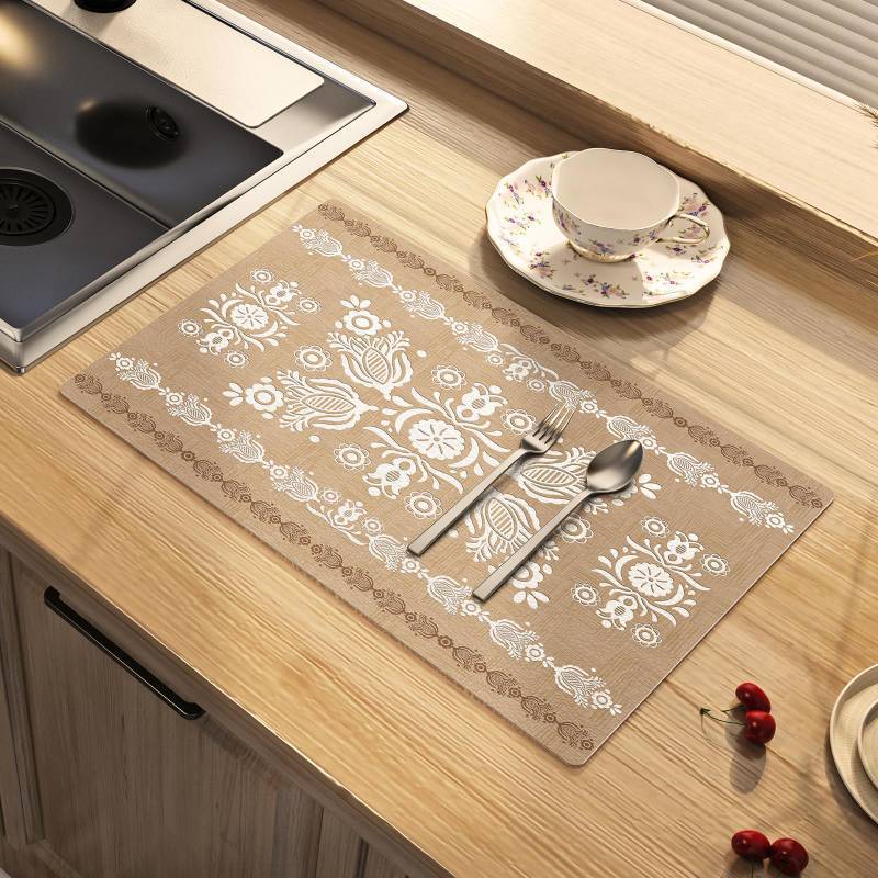 lot 58268 image: Artbloss Dish Drying Mat Damask Absorbent Coffee Mat Rubber Backed Moroccan Soft Silicone Kitchen Dish Draining Mat for Kitchen Bathroom Coffee Bar (Damask, 16 x 24 Inches) - Retail $17