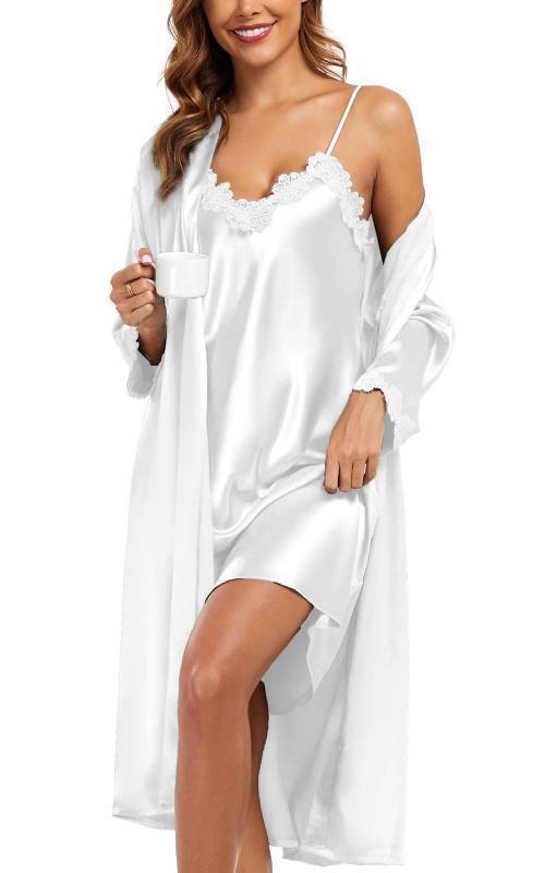 lot 58886 image: BestWendding Womens Silk Robe Set 2 Pieces Pajamas Sets Sexy Soft Satin Robe with V Neck Camisole Lingerie Nightgown, White XL - Retail $32