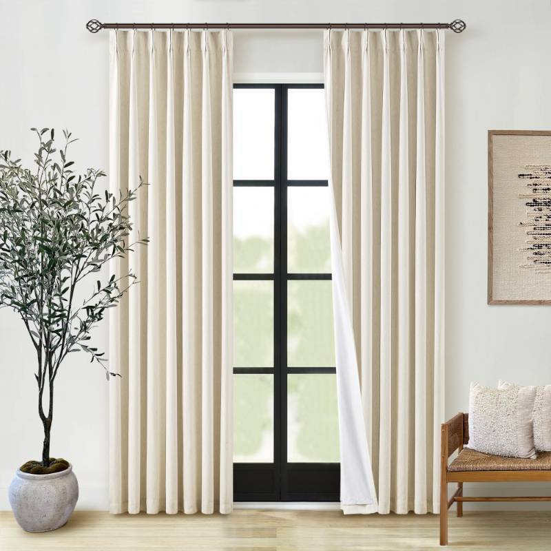 lot 59065 image: 100% Black Out Curtains 80 Inch Length 2 Panels Pinch Pleated Back Tab Cream Beige Heat Blocking Window Boho Farmhouse Living Room Darkening Curtains Neutral Linen Blackout Drapes for Bedroom - Retail $70
