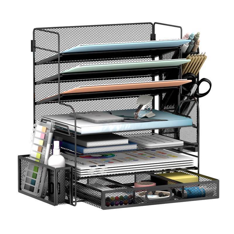 lot 61660 image: JIIAUSS 7 Tier Desk File Organizer Office storage Desk Accessories, Desktop Organizer for Office Supplies with Drawer and 2 Pen Holders (Black) - Retail $35