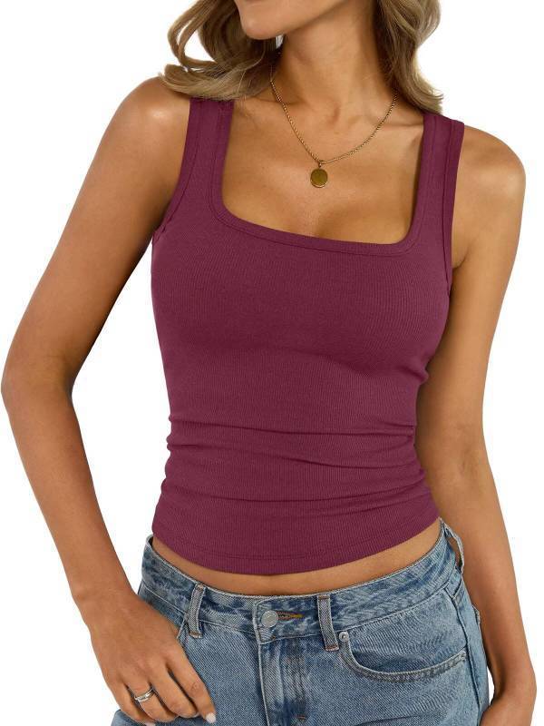 lot 30443 image: EasyGala Womens Cotton Square Neck Ribbed Tank Tops Fitted Thin Shoulder Strap Sleeveless Basic Summer Cami Clothes 2026 Wine Red - Retail $15
