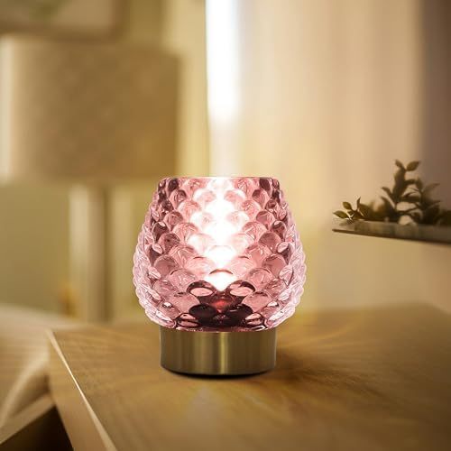 lot 31959 image: Ecleng Small Table Lamp with Timer,Cordless Battery Operated Lamp with LED Bulb,Glass Battery Powered Lamp for BedroomBathroomKitchenDining,Living Room Decoration for Corner,Bedside,Pink,1 Pack - Retail $20