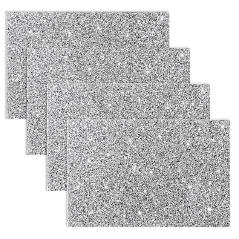 lot 45875 image: Cumouna Placemats Set of 4 Silver for Dining Table, Heat Resistant Waterproof Rhinestones Decoration Table Mat,Rectangle Placemats 12 x 18 inch - Retail $46