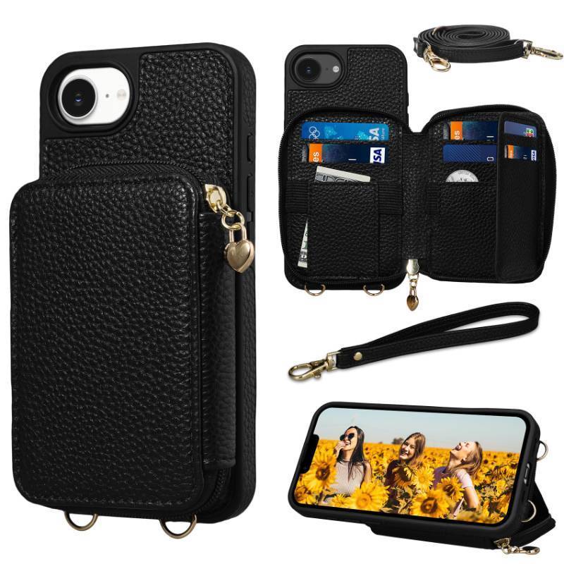 lot 45876 image: Keallce Case for iPhone 17e 2026 6.1 Case Wallet, Crossbody Zipper with RFID Blocking Card Slots Kickstand,Handbag Zipper Flip Cover with Wrist Strap for iPhone17e and iPhone 16e Men Women, Black - Retail $27