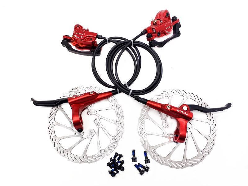 lot 50929 image: WIROJ Mountain Bike Hydraulic Disc Brake Set, Front & Rear Disc Brake Kit Fit Bicycle MTB XC Trail, e-Bike, Fat Bike, Upgrade kit for Mechanical Disc Brake (Red - Bike Hydraulic Disc Brake Set) - Retail $55