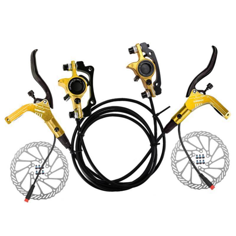 lot 50933 image: Buachois Bike Disc Brake Sets, E Bike Hydraulic Brake Kit with 160mm Rotors, Left Front 89cm & Right Rear 147cm Oil Pressure Calipers Levers for Electric Bike Scooter (Gold) - Retail $81