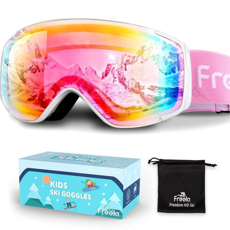 lot 50964 image: Freela Ski Goggles Snowboard Snow Skiing Snowboarding Equipment Winter Snow Sport Glasses Goggles Anti-fog UV Protection Mirror Clear Goggles for Toddler Kids Girl Boy Youth Snowmobile Snowboard Gear - Retail $20