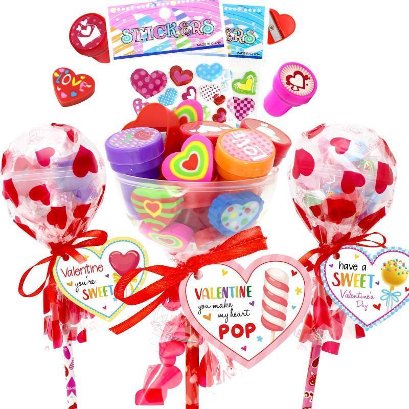 lot 50965 image: JJXUANER 24 Pack Valentines Day Gifts, Valentines Day Gifts with Valentines Cards Pencils Stickers Erasers Stampers - Retail $36