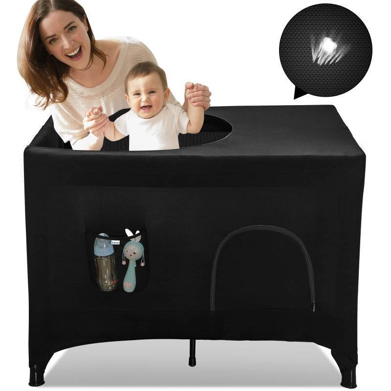 lot 50983 image: Pack N Play Blackout Cover, Hiaksedt Crib Canopy Cover for Pack and Play, Breathable Blackout Tent for Travel Crib, Portable Stretchy Netting Cover for Indoor Outdoor Travel Playard - Retail $34