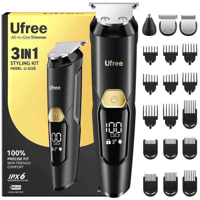 lot 51010 image: Ufree 3-in-1 Beard Trimmer for Men, Valentine Gifts for Men, IPX6 Waterproof Mens Electric Razor Shaver for Mustache, Professional Hair Trimmer Clippers, Type-C Body Grooming Kit - Retail $20