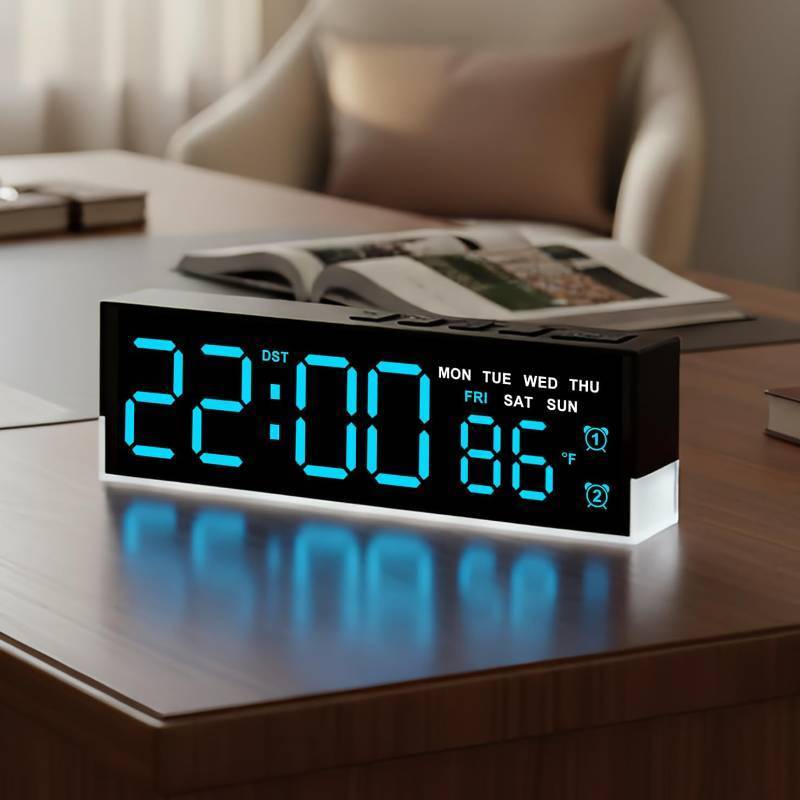 lot 58150 image: zyzamay 7 Inch Modern LED Digital Alarm Clock with Dual Alarms & Soft Bottom Light Displays Time, Date, Day, Temperature 3-Level AutoManual Brightness, DST, USB or Battery Powered Desk Clock,Blue - Retail $10