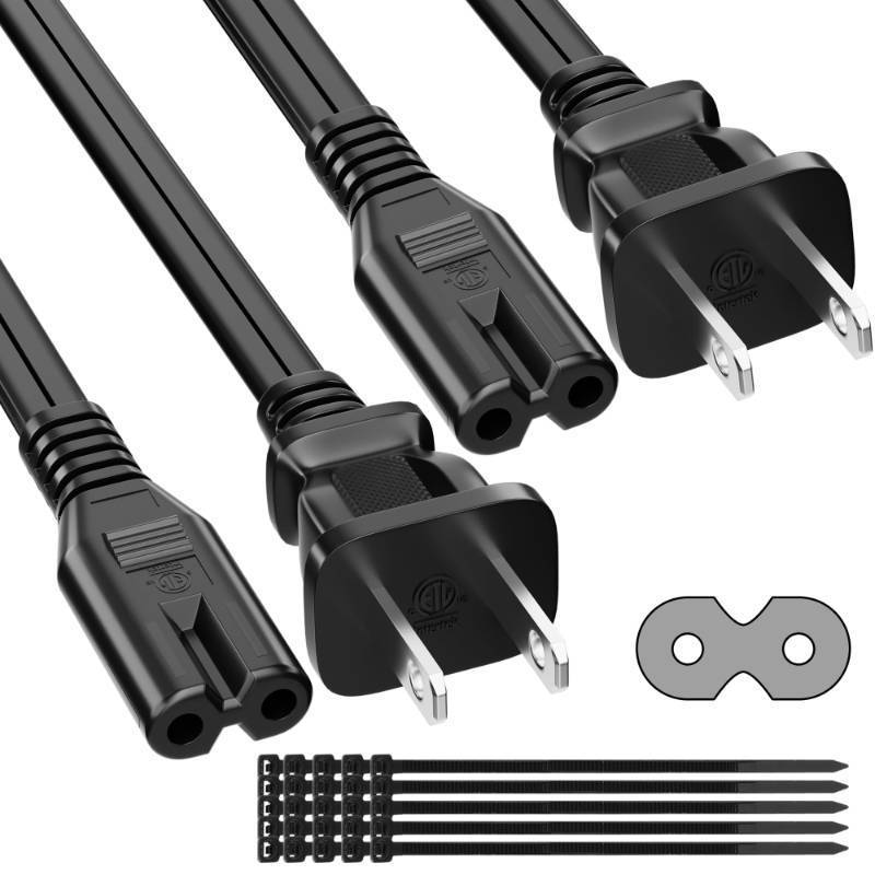 lot 58163 image: 2 Prong Power Cord 6 FT (2-Pack), Non-Polarized AC Power Replacement Supply Cable, 7A, 125V, ETL Compatible with PS5PS4 Samsung LG TCL Sony Roku TV, Xbox, Laptop, Printer, C7 to 1-15P, with 25 Ties - Retail $10