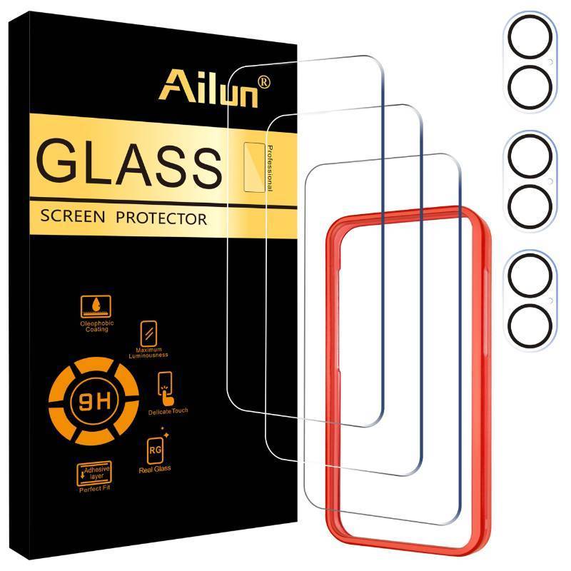 lot 61640 image: Ailun 3 Pack Screen Protector for iPhone 16 6.1 inch  3 Pack Camera Lens Protector with Installation Frame,Case Friendly Tempered Glass Film,9H HardnessNot for iPhone 16e16 ProPlusPro Max - Retail $9