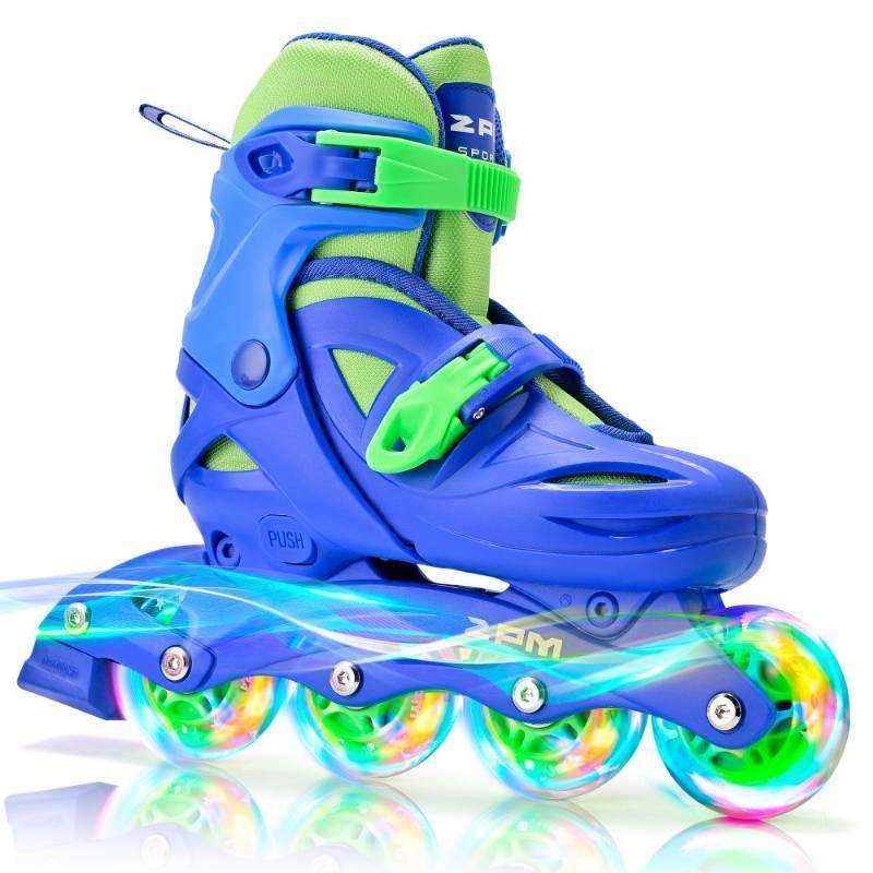 lot 61651 image: 2PM SPORTS Girls Adjustable Illuminating Inline Skates with Light up Wheels, Fun Flashing Beginner Roller Skates for Kids - Blue Large - Retail $48
