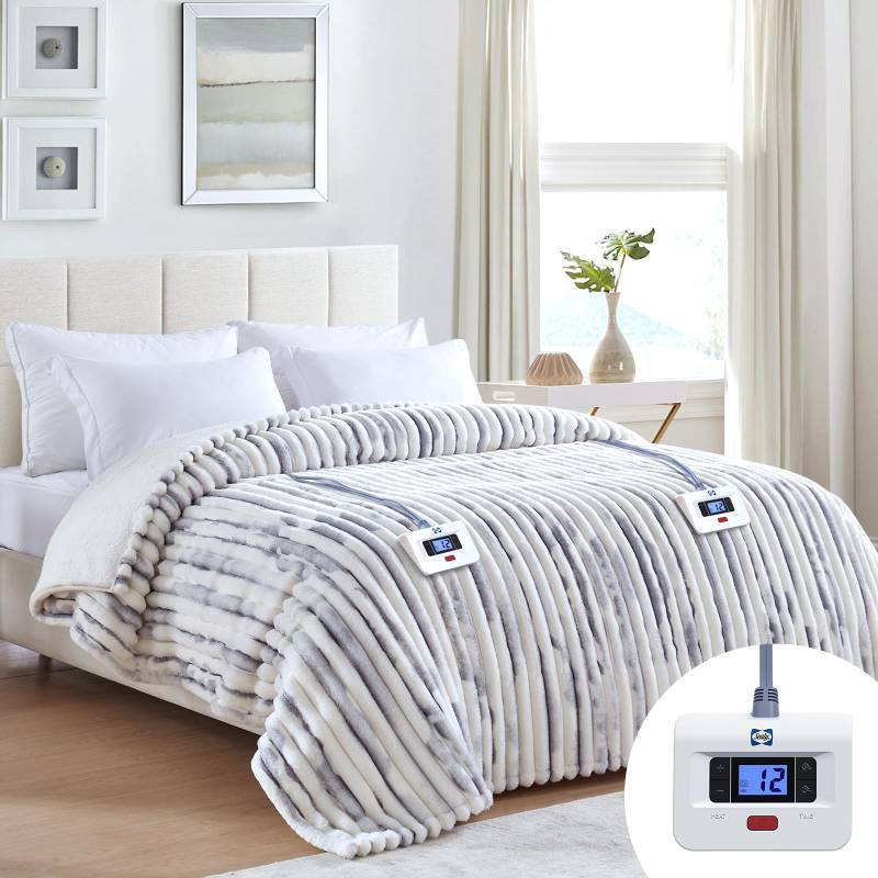 lot 61655 image: Sealy Electric Blanket Queen 8490,Super Cozy Faux Fur to Sherpa Reversible Heated Blanket Queen Size with 10 Heating Levels & 1-12 Hours Auto Off Overheating Protection Machine Washable,Blue White - Retail $80