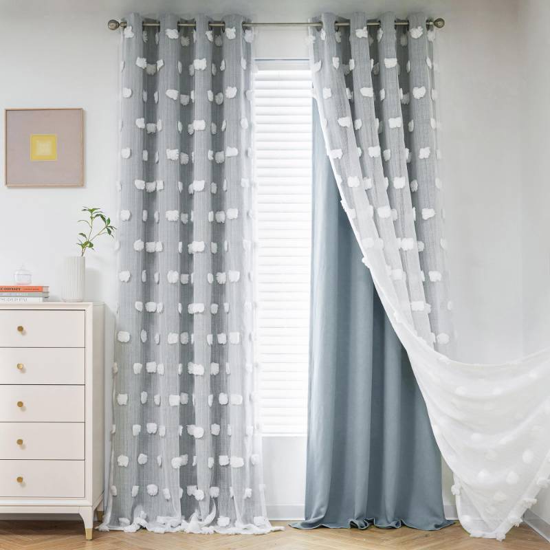 lot 62558 image: MYSKY HOME Room Darkening Curtains White Sheer Pom Pom Curtains for Living Room Dusty Blue Blackout Curtains for Sliding Door Decor Drapes 2 Layer Window Panels Boys Bedroom Grommet 2 Sets W52 X L95 - Retail $59