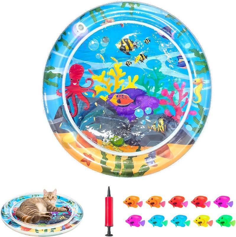lot 30431 image: Inflatable Cat Dog Baby Water Mat Toy, Newly Upgraded, 2 Layers Thickened Premium Anti-Scratch Leak Proof Mat, with Floating Fish for Indoor Kitten Cats & Kids to Swatting Exercise Hunting (Octopus) - Retail $12