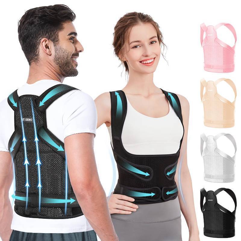 lot 44778 image: Fit Geno Back Brace Posture Corrector for Women and Men, Shoulder Straightener, Adjustable Full Back Support, Upper and Lower Back Pain Relief - Scoliosis, Hunchback, Hump, Thoracic, Spine Corrector - Retail $36