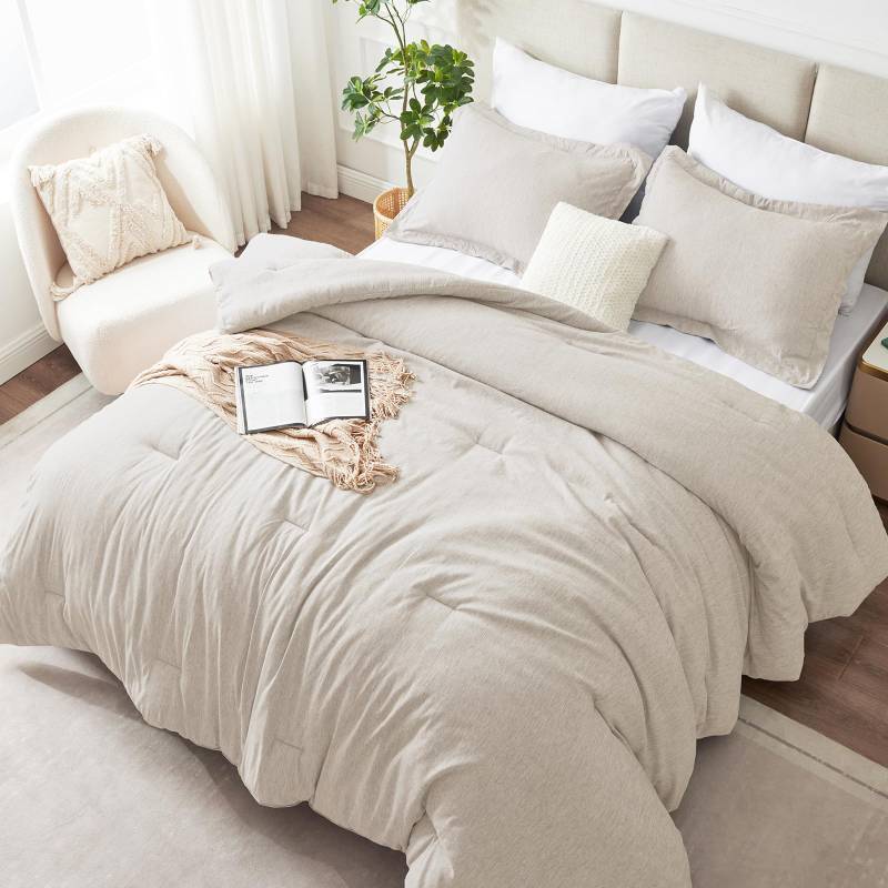 lot 45728 image: CozyLux Full Size Comforter Set, 3 Pieces Beige Soft Luxury Cationic Dyeing Comforter Full Size Bedding Set, Breathable Lightweight Bed Sets with 1 Down Alternative Comforter and 2 Pillow Shams - Retail $40