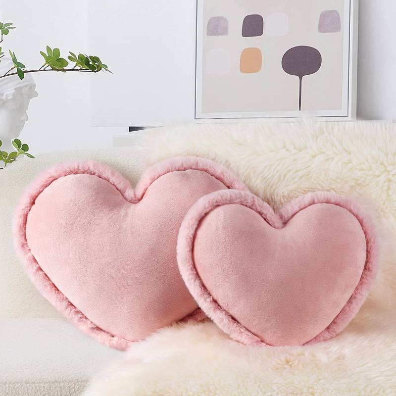 lot 45751 image: AELS Heart Shaped Pillow, Set of 2, Heart Decorative Throw Pillows, Soft Velvet Love Pillows with Faux Fur Fringe, Cute Pillow 20 & 16 Inches, Valentines Day Decorations, Wedding Decor, Pink - Retail $32