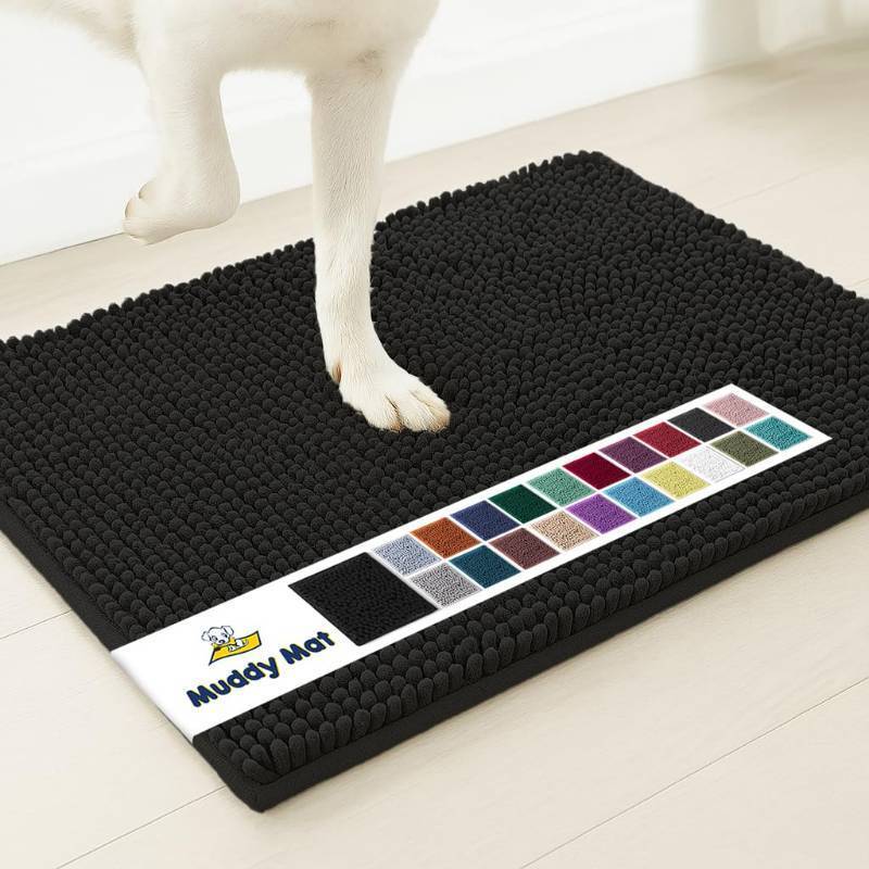 lot 45758 image: Muddy Mat Super Absorbent Door Mat Indoor, Microfiber Quick Dry Chenille Entryway Rug, Non-Slip Front Door Mat, Indoor Mats for Entryway, Machine Washable Pet Rug, Black 30x19  - Retail $25