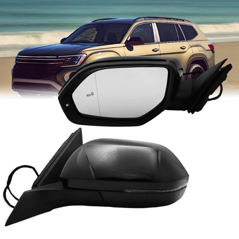 lot 45787 image: Driver Left Side Mirror Compatible With Volkswagen Atlas 2018 2019 2020 2021 2022 2023 2024 With Heated Power Mirror Turn Signal Light Blind Spot Indicator (62 Pins) Gloss Black - Retail $108