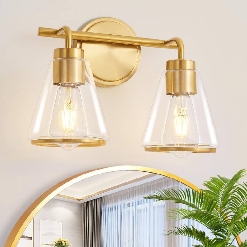 lot 45804 image: NADOSA Bathroom Light Fixtures Over Mirror Gold Vanity Lights 2-Lights Bathroom Vanity Light with Clear Glass Shade 14 inch Vanity Lighting Fixtures Modern Wall Sconces Lights for Barth - Retail $50