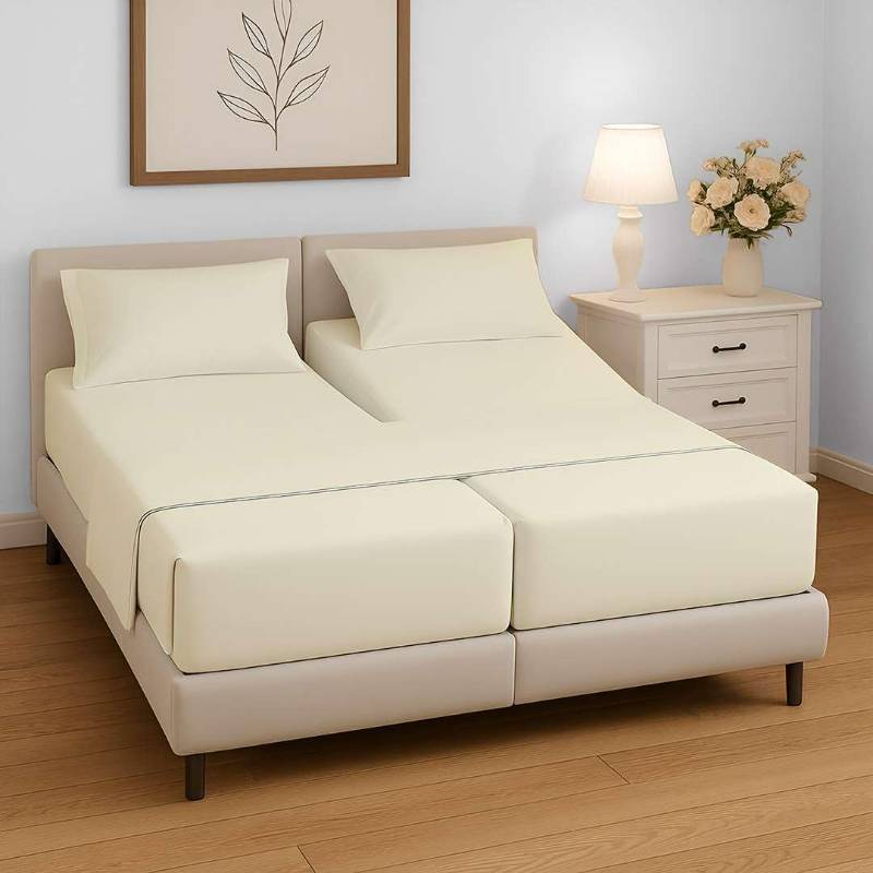 lot 45816 image: Split Queen Bed Sheet Set 5 Piece, Ultra Soft & Wrinkle Free, Fits Between 12 to 16  Deep Mattress, Easy Care Brushed Microfiber, Breathable and Cooling Bedding, Cream - Retail $45