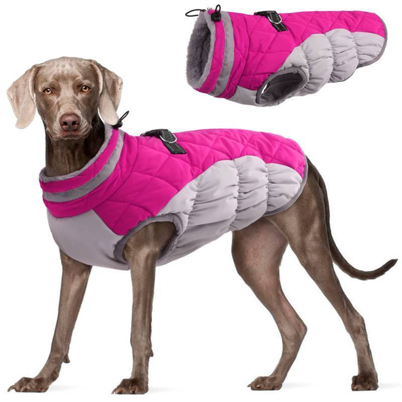 lot 45836 image: FUAMEY Dog Coat for Large Dogs,Waterproof Dog Winter Jacket with Harness Built in Puppy Cold Weather Coats Reflective Pet Vest with Zipper Warm Fleece Dogs Snowsuit Windproof Pink L - Retail $43