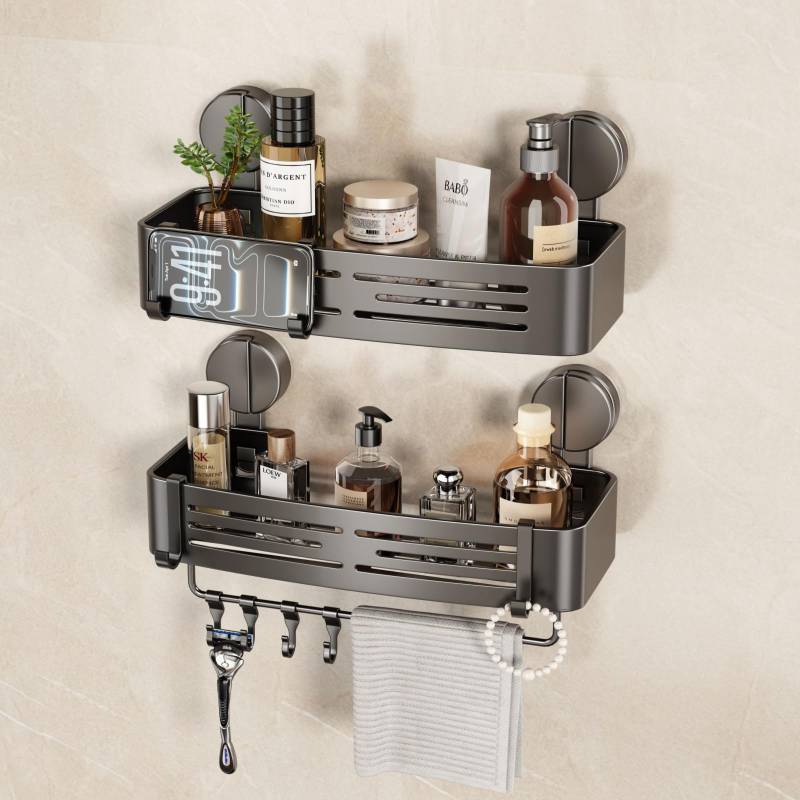 lot 45846 image: VOLPONE Shower Caddy Suction Cup No Drilling Suction Cup Shower Shelf Aluminum Bathroom Shower Organizer Storage Rack Adhesive with Towel Bar Hooks (2-Pack, Matte Gray)