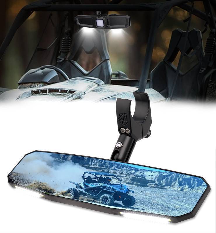 lot 45869 image: Xprite 13 UTV Rear View Mirror, SXS UTV Center Mirror wInterior Lights Adjustable Aluminum Clamp Fits 1.5 -2  Mount Compatible with Polaris RangerRZRPioneerTalonTeryxMuleCan Am X3 CFMOTO - Retail $39