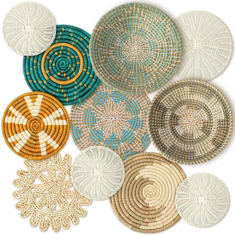 lot 50802 image: Tatuo 11 Pcs Boho Wall Basket Decor Decorative Bulrush Woven Basket Wall Decor Art Round Farmhouse Hanging Baskets for Kitchen Rustic Home Summer Decorations, Multi Sizes(Bright) - Retail $60