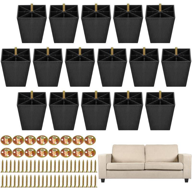 lot 50812 image: TURSTIN 16 Pack 4 Inch Furniture Legs Plastic Sofa Couch Legs Square Tapered Feet Sofa Legs with M8 T-Nuts Screws for Legs Sofas Chairs Cabinets Dressers Beds, Black - Retail $44