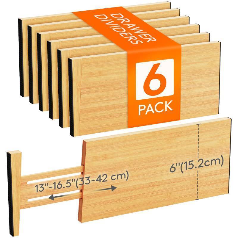 lot 50822 image: Lifewit 6 High 6 Pack Bamboo Drawer Dividers 33-42cm13-16.5 Adjustable Wooden Drawer Organizer for ClothesUtensils, Expandable Drawer Separator for DresserKitchenBedroomOffice Organization - Retail $50