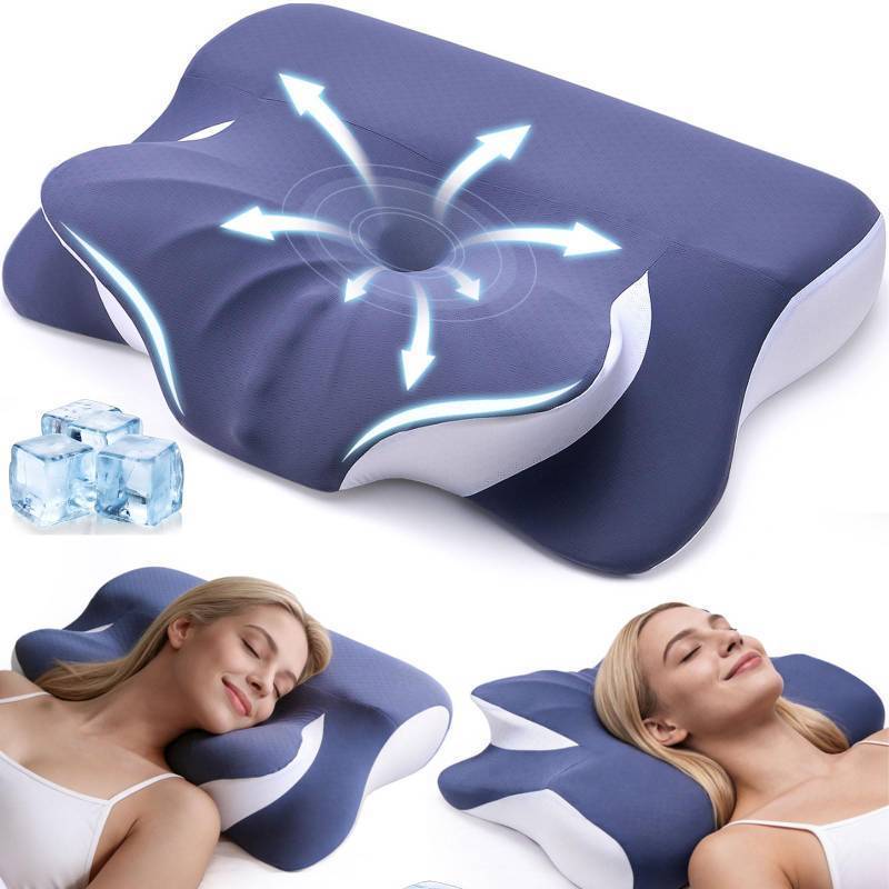 lot 50823 image: Leewjed Cervical Neck Pillow for Back Side Sleepers, Memory Foam Double-Side Ergonomic Contoured Pillows with Cooling Pillowcase, Mellow Sleep Pillows for Sleeping, Pillow for Neck and Shoulder - Retail $30