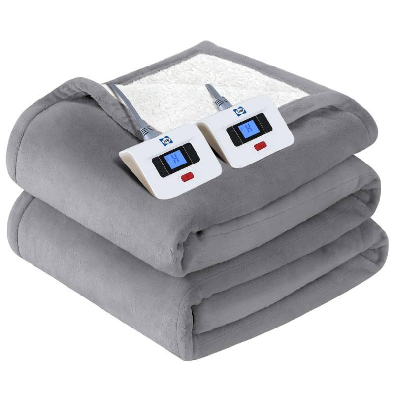 lot 61530 image: Sealy Electric Blanket Queen Size, Flannel & Sherpa Heated Blanket, 10 Heat Settings, Auto Shut Off, Machine Washable, Light Grey, 84 x 90 Inch - Retail $110