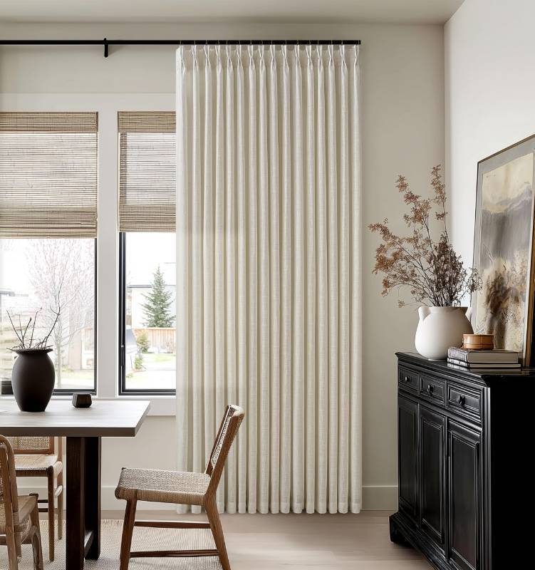 lot 61556 image: Beige Flax Linen Curtains 96 Inches Long for Living Room Dining 2 Panels Burlap Textured Pinch Pleated Drapes Hooks Farmhouse Neutral Light Filtering Semi Sheer Tan 96 Inch Curtain for Bedroom 50x96 - Retail $74
